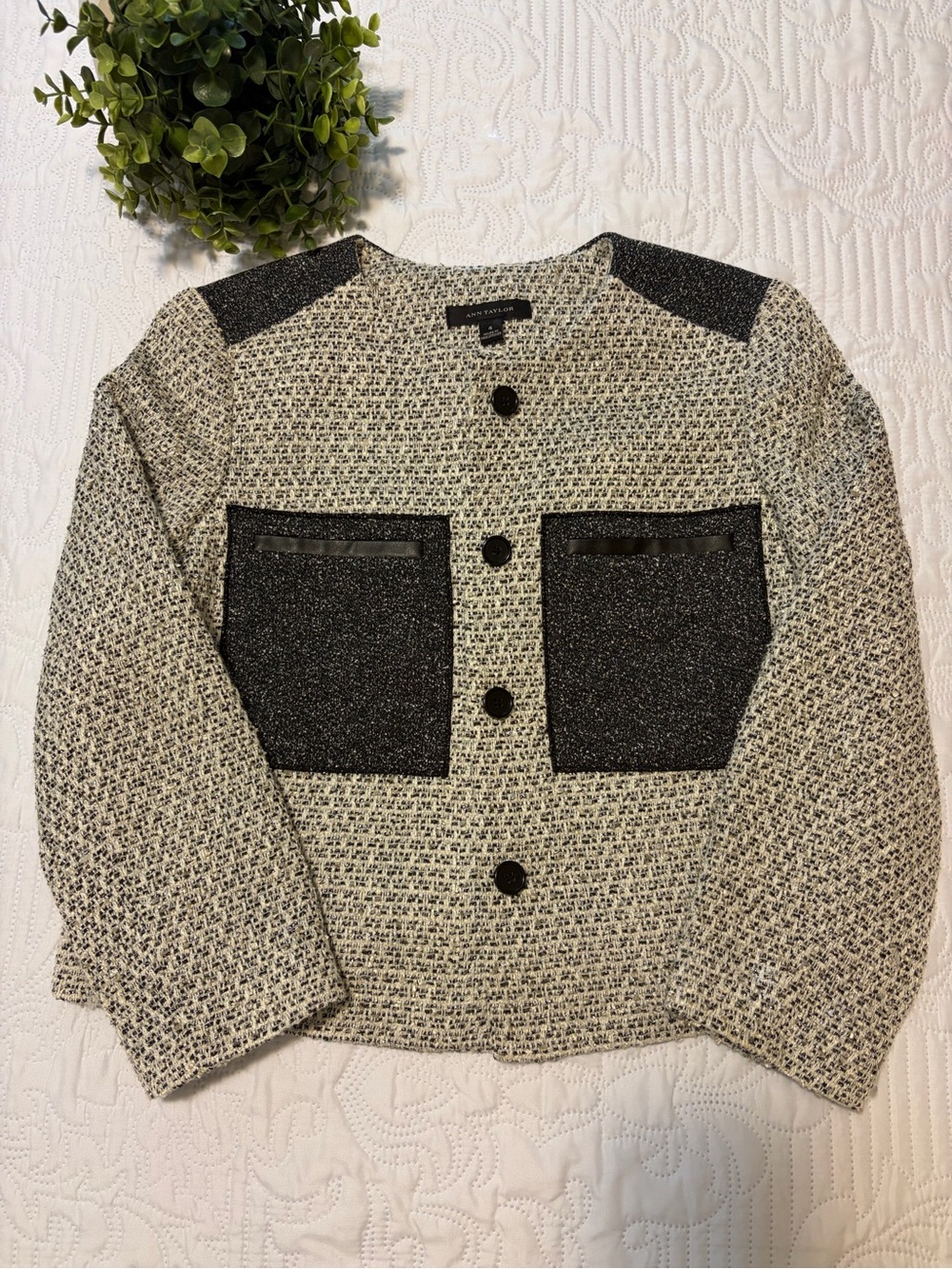 Ann Taylor Cream and Black Tweed Boxy Jacket